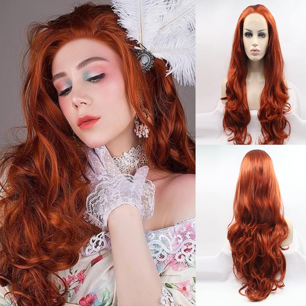 Xiweiya Long copper red Wig Long wavy Wig Mermaid Synthetic 360# Red Lace Front Wigs hair replacement wig Free part wig Long Soft Wig Heat Resistant Fiber for Women Drag Queen Party Makeup 24 Inch