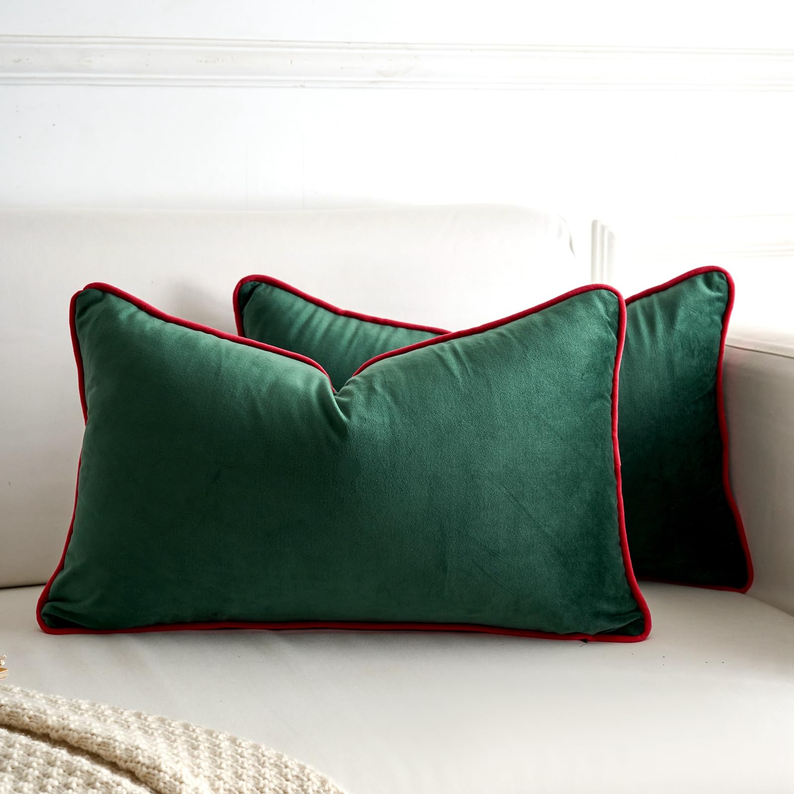 LIGICKY Set of 2 Dark Green Velvet Lumbar Pillow Covers Modern Minimalist Style Solid Decorative Red Rope Edging Soft Rectangle Cushion Cases for Sofa Bedroom Party Christmas Décor, 12 x 20 inch