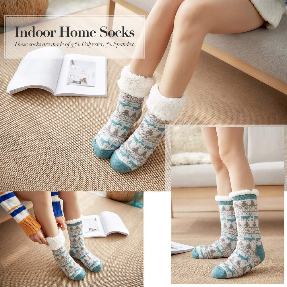 4YOUALL Womens Fleece Lining Soft Warm Fuzzy Sock, Christmas Thermal Knee High Stockings Slipper Socks (Lake Blue Deer)