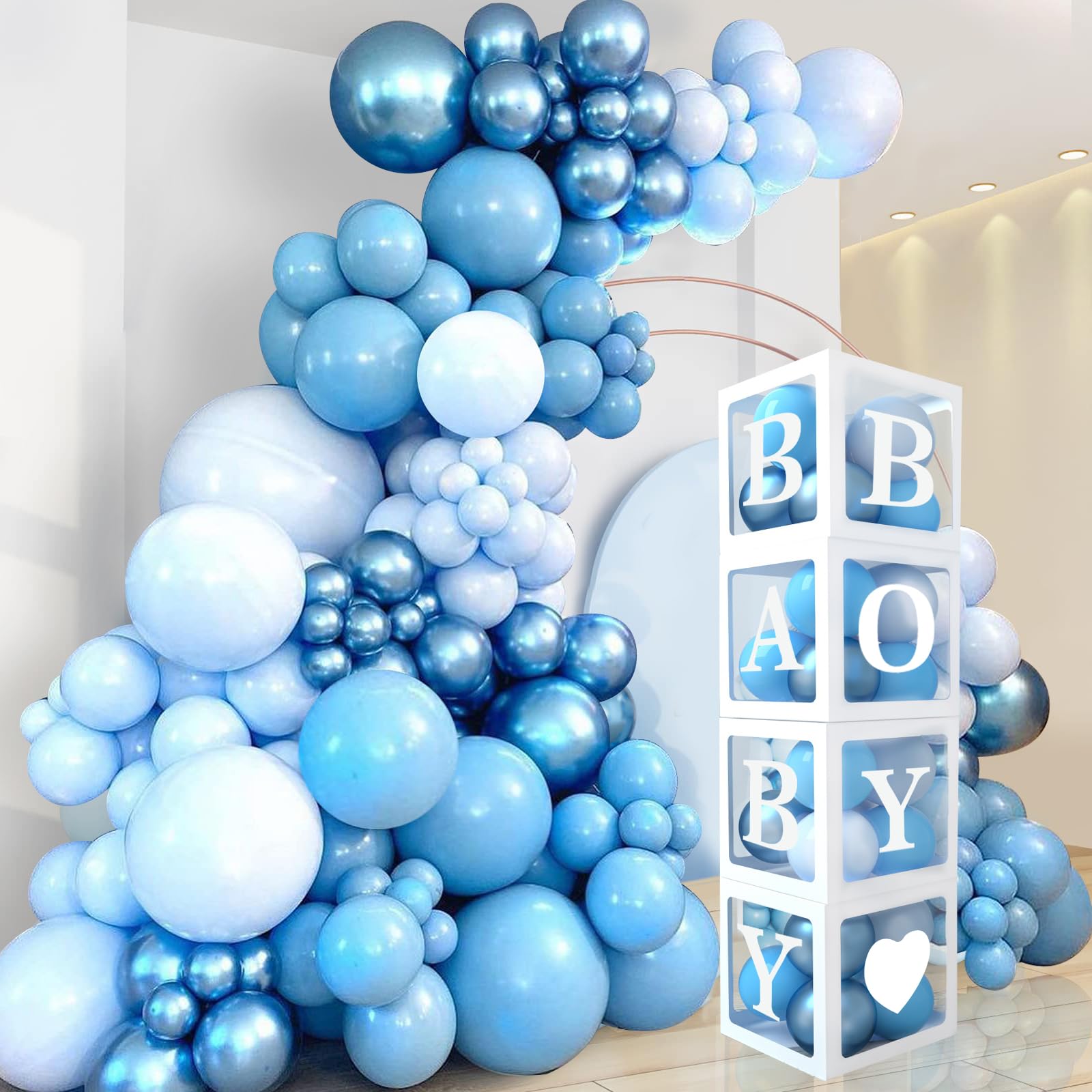 Photo 1 of DataMoon Baby Shower Decorations for Boy - Navy Blue Baby Blue Different Sizes Light Blue Balloon Arch Kit,4pcs Boxes with Letters for Baby Boy Shower,Happy Birthday Decorations,Gender Reveal Party