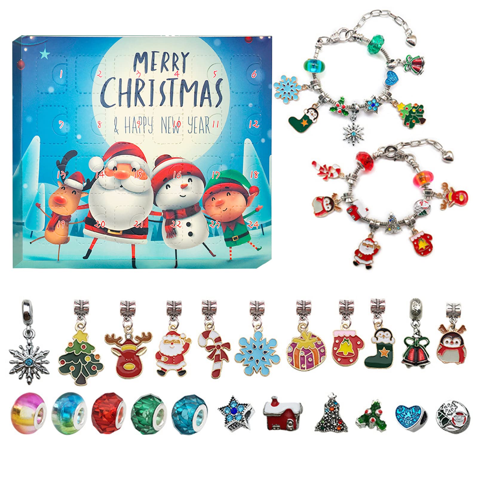 Christmas Advent Calendar Bracelets 2024 for Girls 24 Days Xmas Countdown Calendar DIY Jewelry Making Kit Gift 22 Charm Beads 2 Bracelets for Kids Teens Women (Blue)