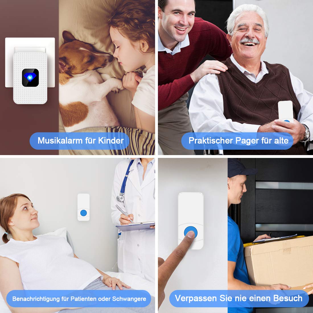 Funkklingel Wasserdicht,Kabellose Türklingel batterie 300m Reichweite und 55 Klingeltönen,5 Lautstärkestufen (0db-110db),mit LED Anzeige