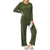Ekouaer Lounge Sets Ribbed Knit Pajama Sets 2 Piece Soft Loungewear Outfits | Long Sleeve and Pant Pj Sets,Cozy Matching Outfits 2026,Fall Winter Clothes,Postpartum Pajamas,Casual Sets with Pockets