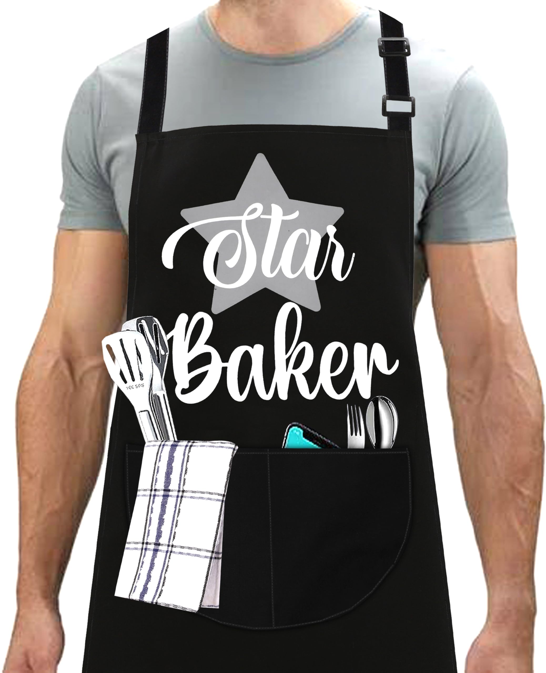 LINEN CLOSET® Baking Aprons for Women Baker Aprons for Men Funny Baking Gifts for Bakers Wife Husband Mother Daughter Kitchen Apron with Pockets- star baker apron