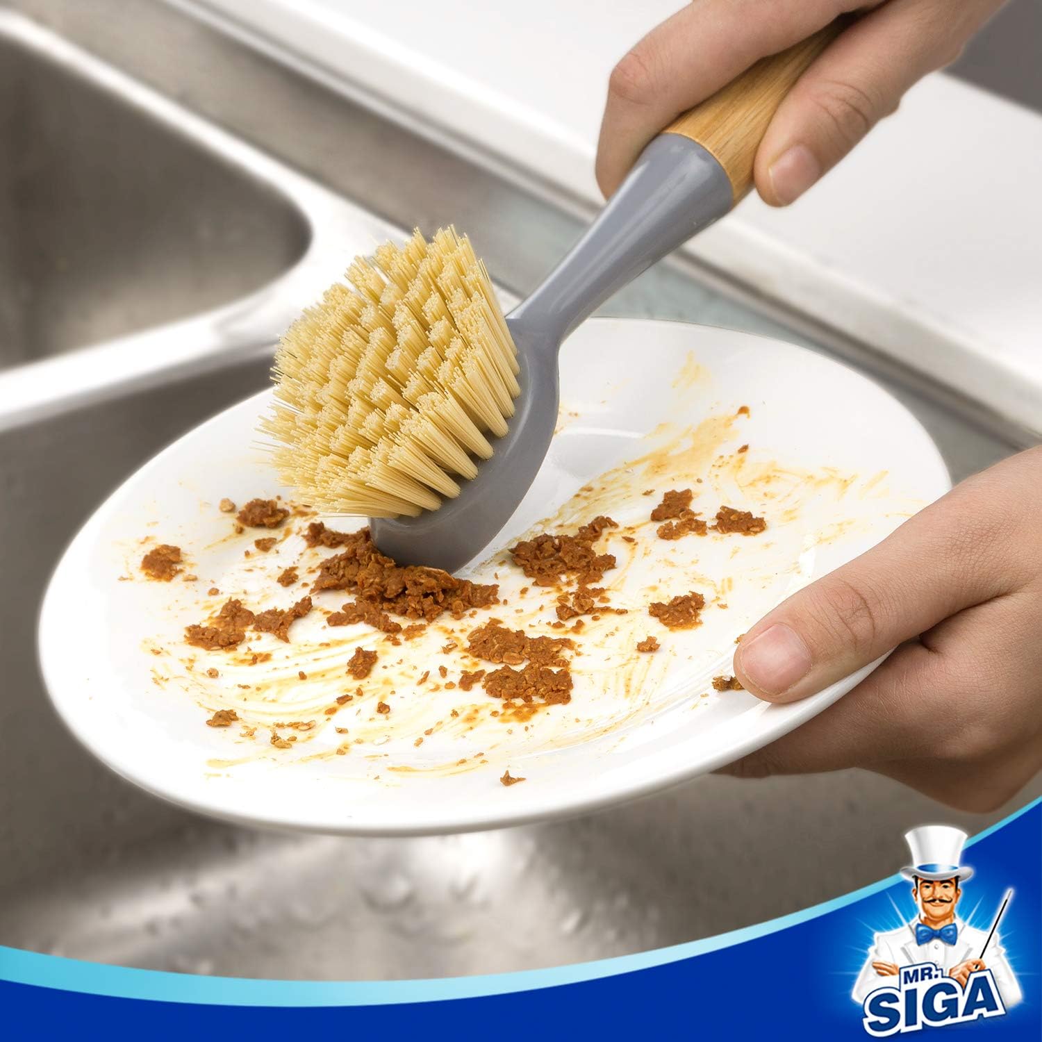 MR.SIGA Dish Brush with Bamboo Handle Built-in Scraper, Scrubbing Brush for Pans Pots, Kitchen Sink Cleaning, Pack of 2 - Image 3