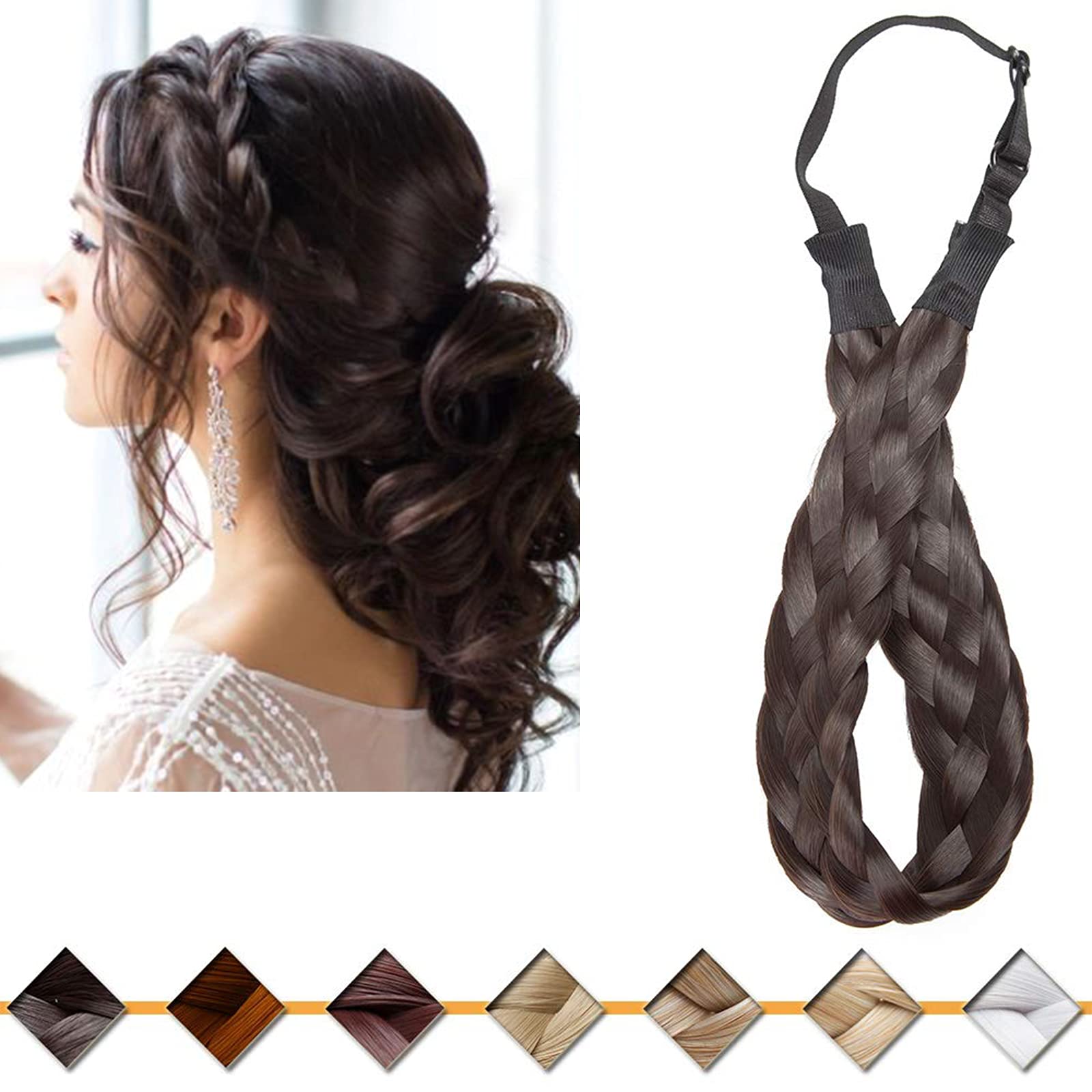 Silk-co Plaited Headband Twist Hair Bands Fashion Plait Braided Hair Accessories Stretchable Synthetic [Dark Brown]