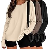 Velvelhall 3 Pack Women's Oversized Long Sleeve Shirts Cotton Frayed Crewneck Casual Basic Tee Fall Tops Edge Y2k Clothes