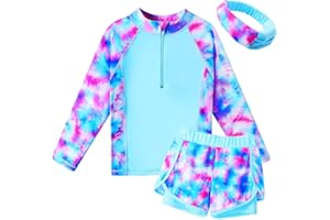 BAOHULU Girls Rash Guard 3 Pieces Swimsuit Long Sleeve Bathing Suit UPF 50+ Beach Swimwear 5-12 Years with Matching Headband