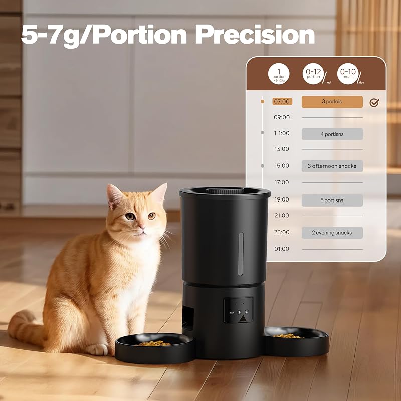 Distributore Automatico Cibo Gatti 2 Ciotole: 5L Distributore Automatico Cibo Cane con Timer WiFi 2.4G per Crocchette - Design Doppia Ciotola per Famiglie con Più Gatti & Cani - Nero