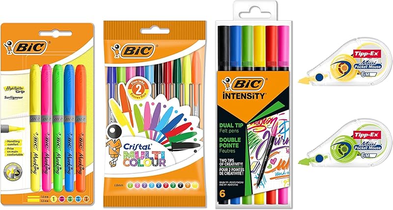 Schreibwaren Set à 23: 10 Kugelschreiber, 5 Textmarker, 2 Korrekturroller, 6 Dual Tip Brush Pens, Colourful Set