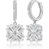 White Gold Plated S925 Sterling Silver Square Dangle Hoop Earring French Luxury Sparkly Cz Square Crystal Huggie Daily Exquisite Jewelry Gifts for Birthday Party