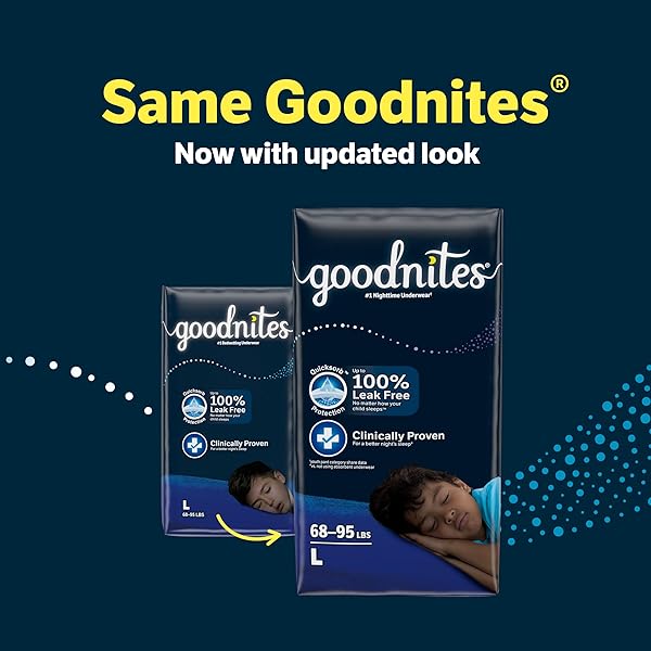 GOODNITES BOYS’ NIGHTTIME BEDWETTING UNDERWEAR, SIZE LARGE (68-95 LBS), 11 CT, PACKAGING MAY VARY