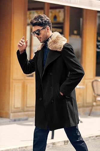 Clothes Black Faux Fur Collar Double Breasted Coat PASLTER Men's