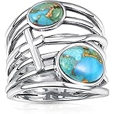 Phyonio Turquoise Rings for Women, Silver Turquoise Engagement Ring with Cross, Handmade Statement Band Jewelry Gift, Size 6-9