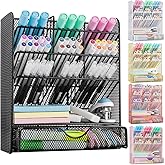 Spacrea Metal Pen Organizer, Pencil Holder for Desk, Desk Organizer with Drawer for School, Home, Art Supplies (Black)