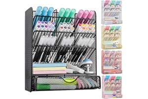 Spacrea Metal Pen Organizer, Pencil Holder for Desk, Desk Organizer with Drawer for School, Home, Art Supplies (Black)