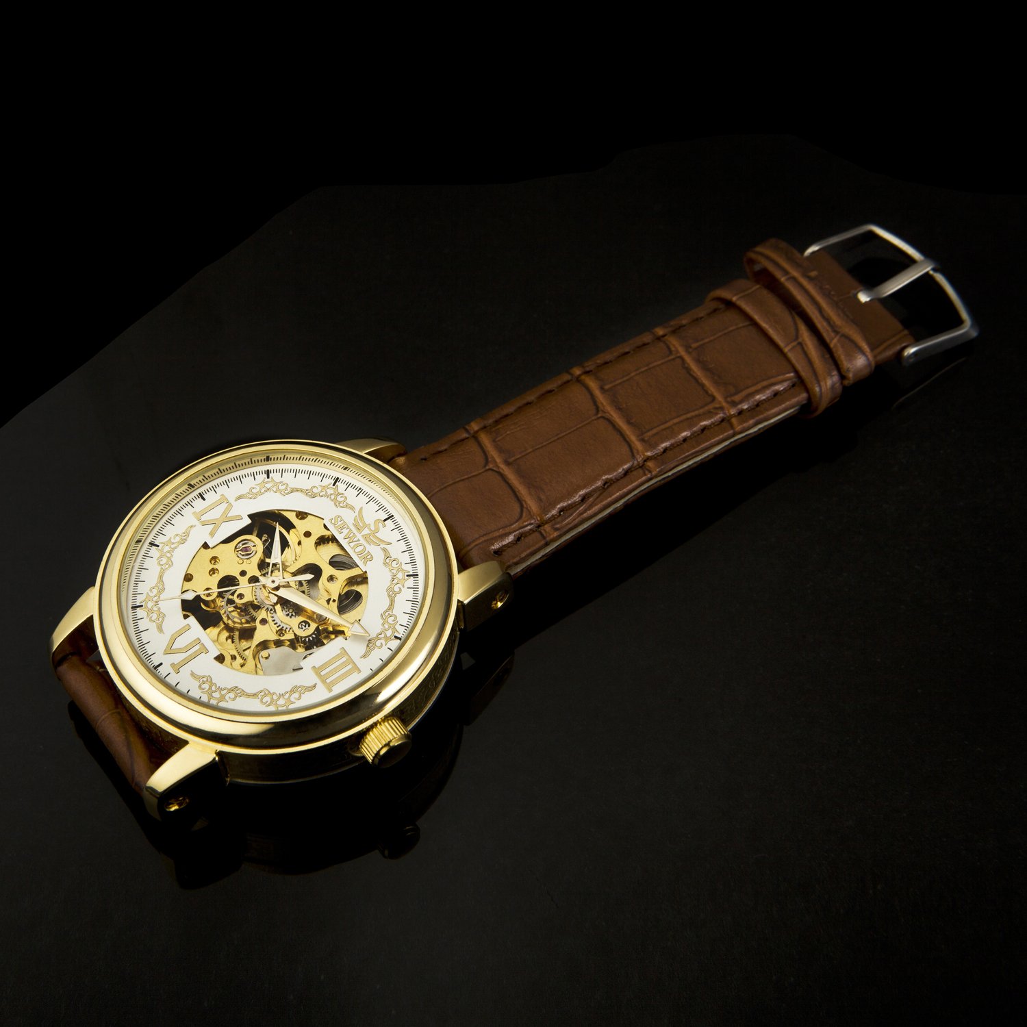 SEWOR Crusader Orologio da polso meccanico con scheletro trasparente a mano da uomo con cassa in pelle marrone e oro (Oro & Bianco)