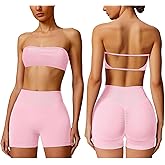 ABOCIW Workout Sets for Women Backless Bandeau Sports Bra Seamless Scunch Butt Lifting High Waist Biker Shorts Gym Set