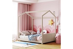 DEINPPA Full Size Princess House Bed with Velvet Fabric Upholstered Tufted Headboard and Footboard, Kids House Bed Frame with Roof Design, for Kids Boys Girls-Beige