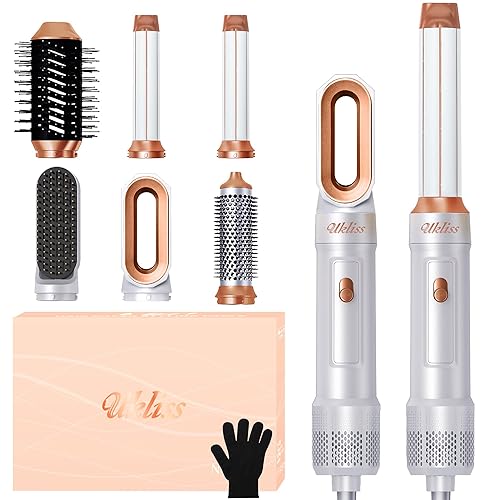 6 in 1 Hairstyler, UKLISS Hair Dryer Brush with Automatic Hair Wrap Curler, Thermal Brush, Hot Airbrush Airstyler, Hair Straightener, Multistyler Gift Set for Women Volume, Curls, Styling - White Gold
