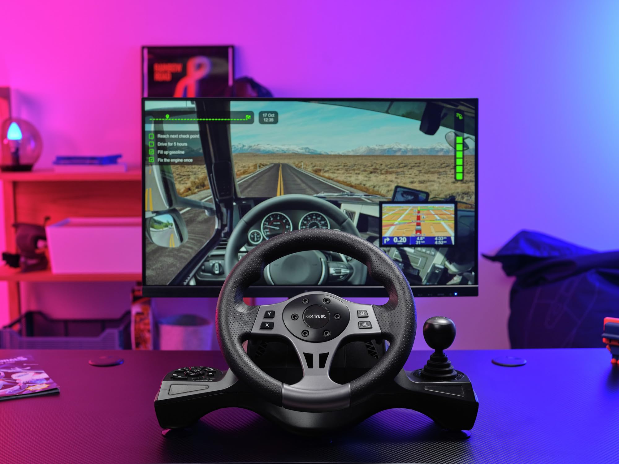 Trust GXT 289 Movi Gaming Lenkrad PC, Xbox Series X/S, PS4, Nintendo Switch, Racing Wheel mit Pedalen, Schaltwippen, Schalthebel, Vibrationsfeedback, Sim Racing Farming Simulator / F1 / Gran Turismo 8
