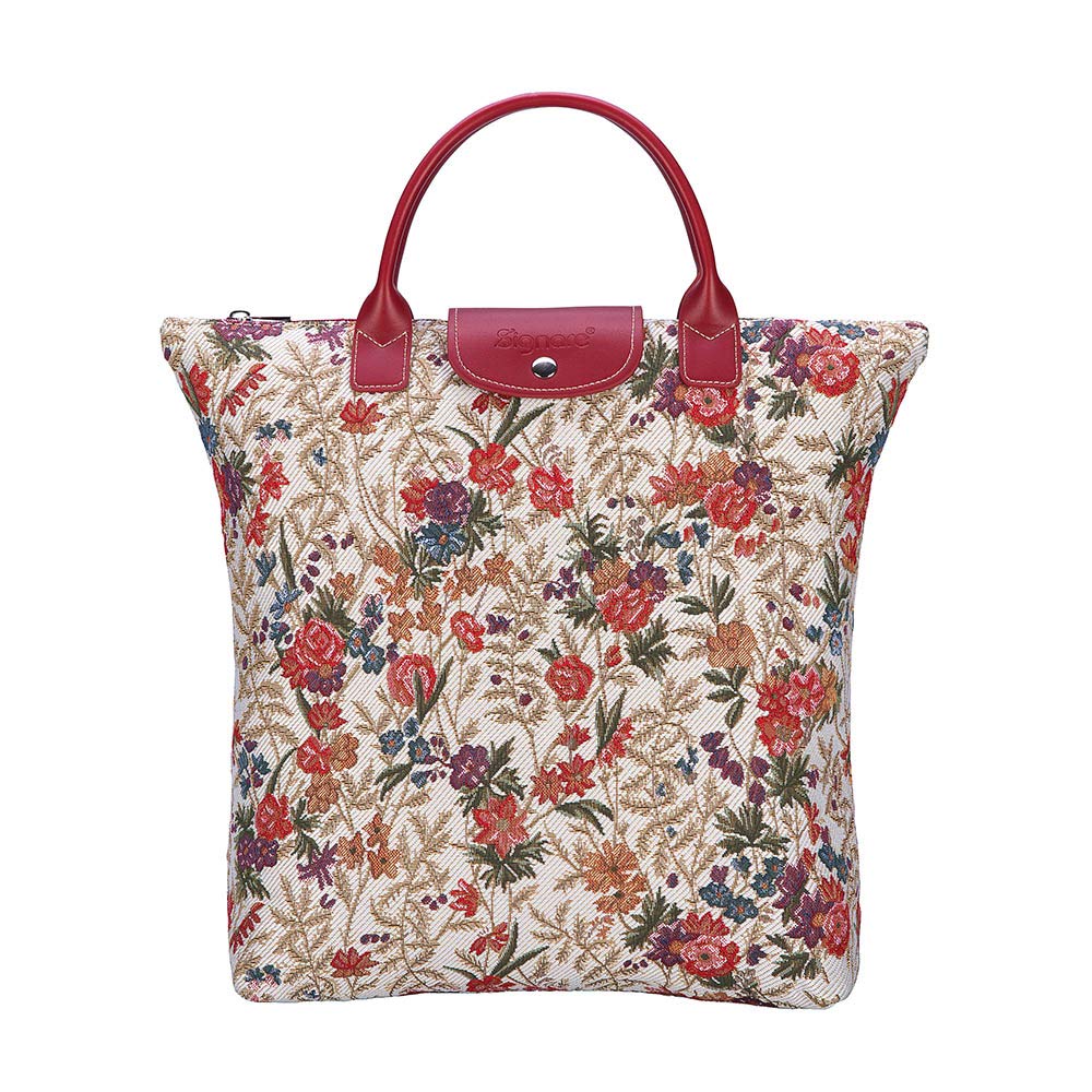 Signare Tapestry Foldable Tote Bag Reusable Shopping Bag Grocery Bag with Designs Inspired by V&A Collections (Flower Meadow; FDAW-FLMD)