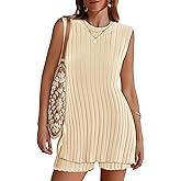 Tankaneo Womens 2 Piece Summer Outfits Knit Sweater Sets Sleeveless Ribbed Tunic Tops and Shorts Vacation Beach Lounge Set