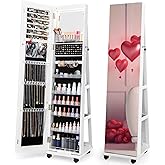 CHARMAID Jewelry Cabinet Armoire with Wheels, 64" H Full Length Mirror, 3-Color LED Lights, Height Adjustable Shelves, Lockab