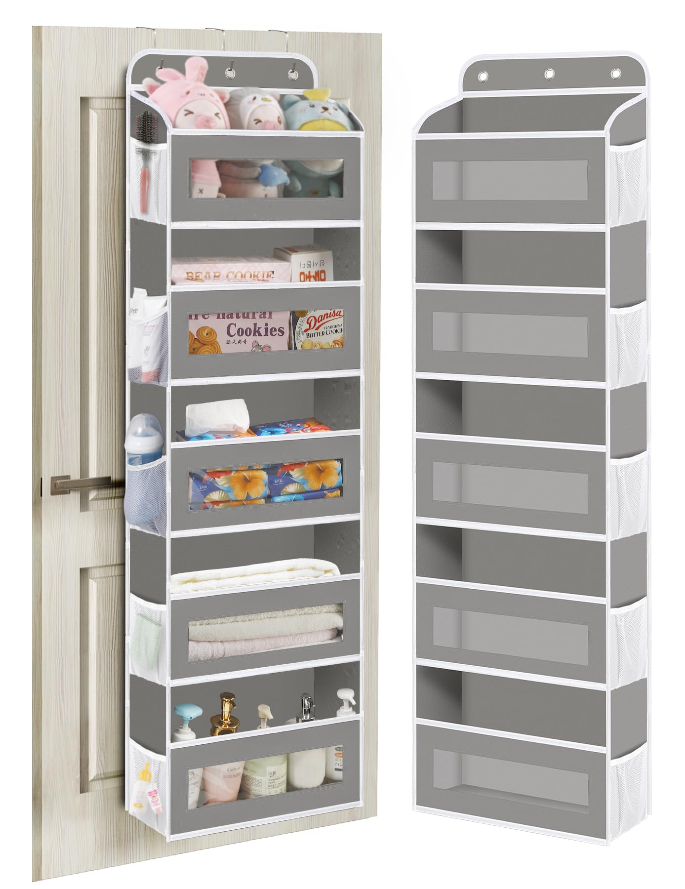 KYEVIS Over The Door Organizer Storage 2 Pack, 5 Shelves Door Organizer Hanging with 10 Mesh Pockets, Behind Door Storage - Ideal for Newborn, Nursery, and Baby Essentials Daily Use(Light Grey)
