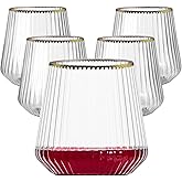 Lueumxc 40 Pack Plastic Ribbed Wine Glasses, 14Oz Origami Disposable Wine Glasses Unbreakable Clear Plastic Cocktail Glasses Recyclable Shatterproof Reusable Wine Cups (14oz-Gold Rim 40pack)