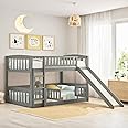 Low Bunk Bed with Slide Twin Over Twin Bunk Beds for Kids Toddlers, Wood Floor Beds Frame with Rails for Boys Girls Teens, Gray