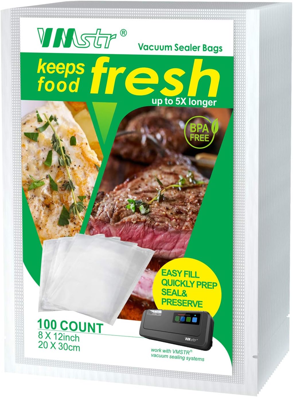 VMSTR Vacuum Sealer Bags 100 Quart 8x12 Inch for Food Saver, Seal a Meal,Commercial Grade, BPA Free, Heavy Duty, Great for vac storage, Meal Prep or Sous Vide