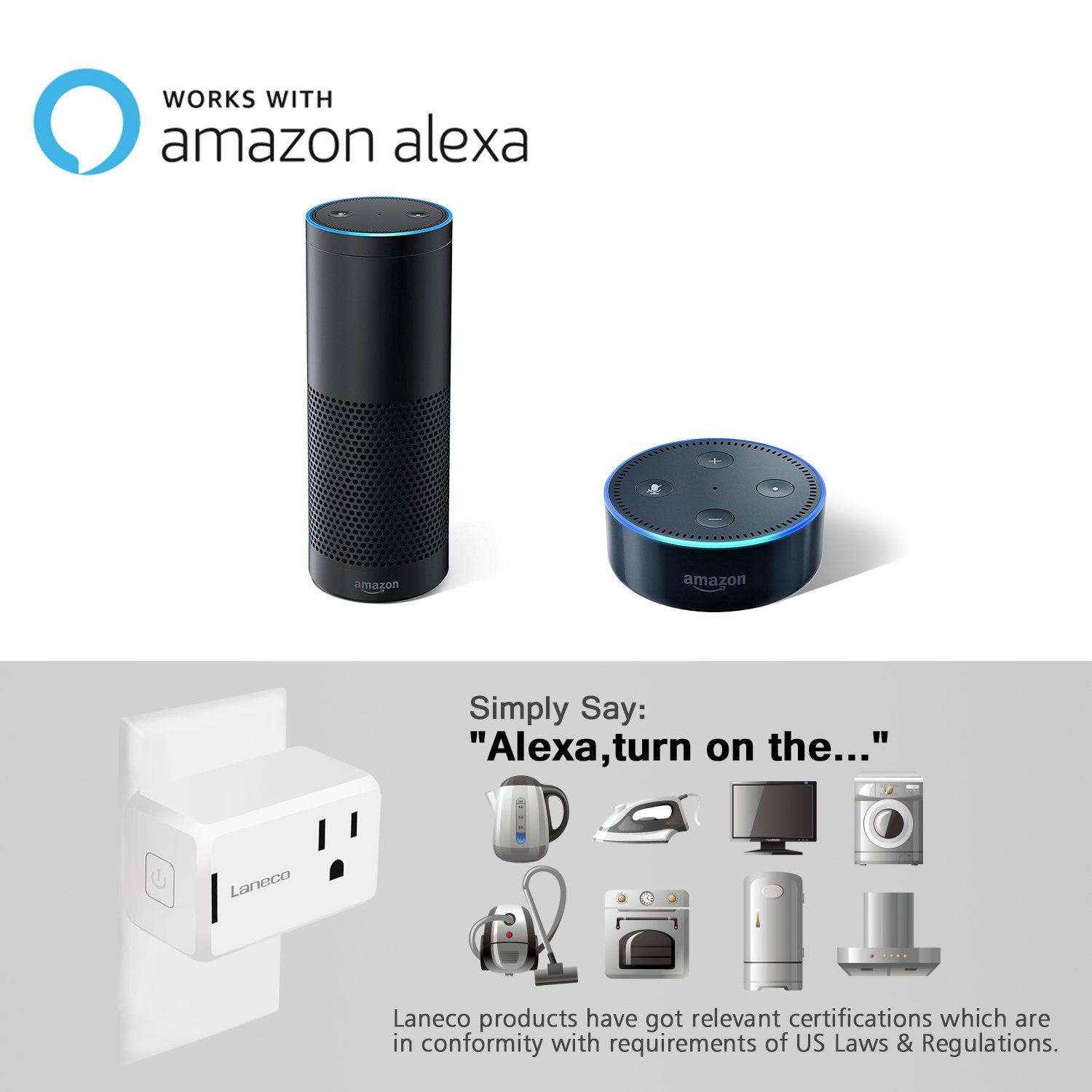 WiFi Smart Plug (2 Pack), Laneco Mini Wireless smart socket Outlet with Timing Function, Control Your Devices from Anywhere Via Free APP, Compatible with Alexa & Google Home, No Hub Required