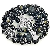 LinZengYo Saint Michael the Archangel Gold Sheen Obsidian Rosary Necklace,rosary beads catholic for men,Handmade of rosarios catolicos Cross Necklace Catholic Gifts
