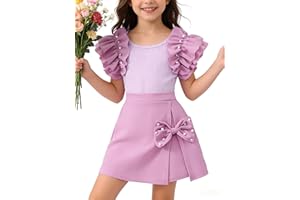 Kid Girl Outfits Clothes Ribbed Sleeveless Pearl Ruffle Top And Solid Bow Skirt 2 Pieces Casual Set