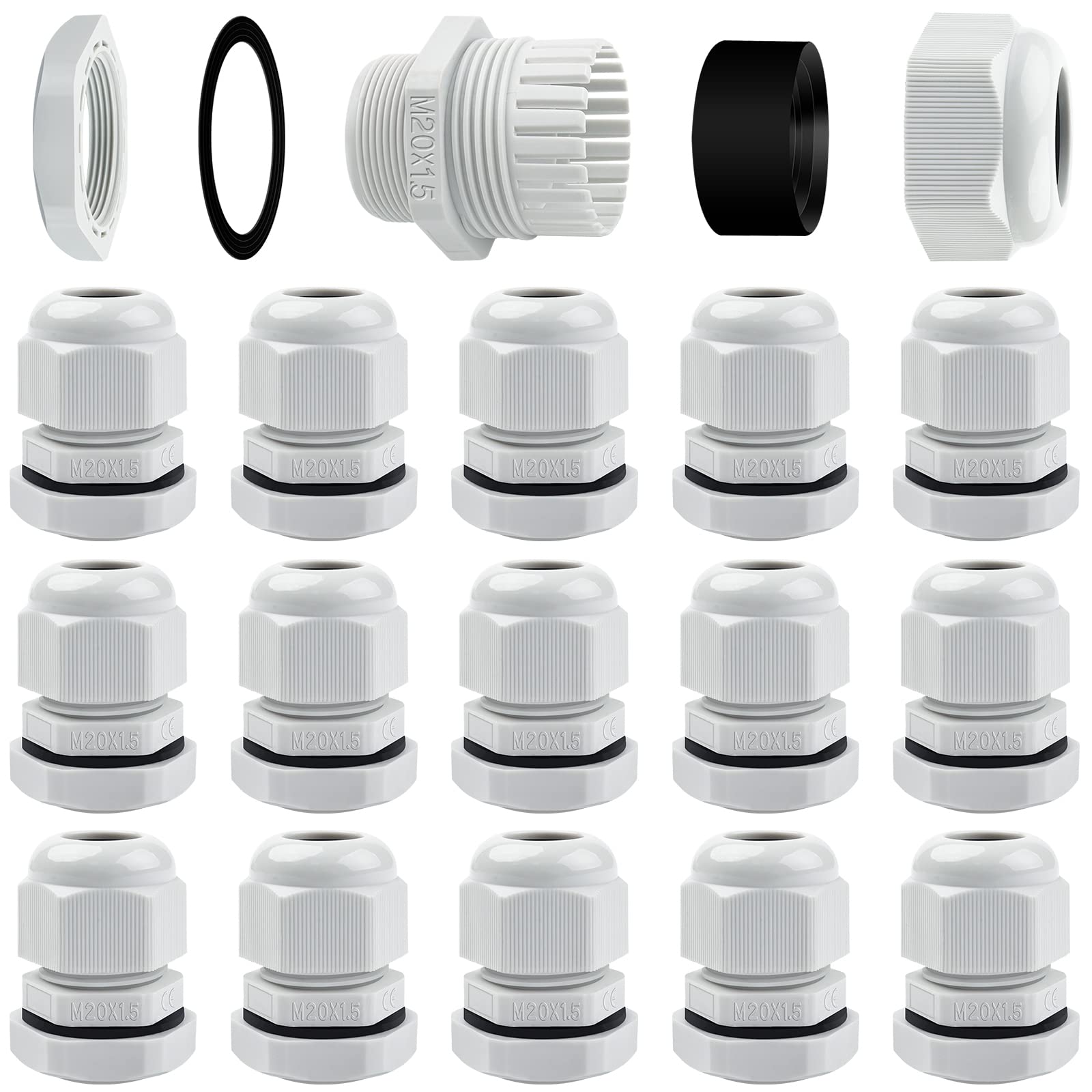 15 Pack Cable Glands M20, Hanibos IP68 Waterproof Cable Glands Nylon Compression Glands Connectors with Locknut and Washer Suitable for 6-12mm Cables White