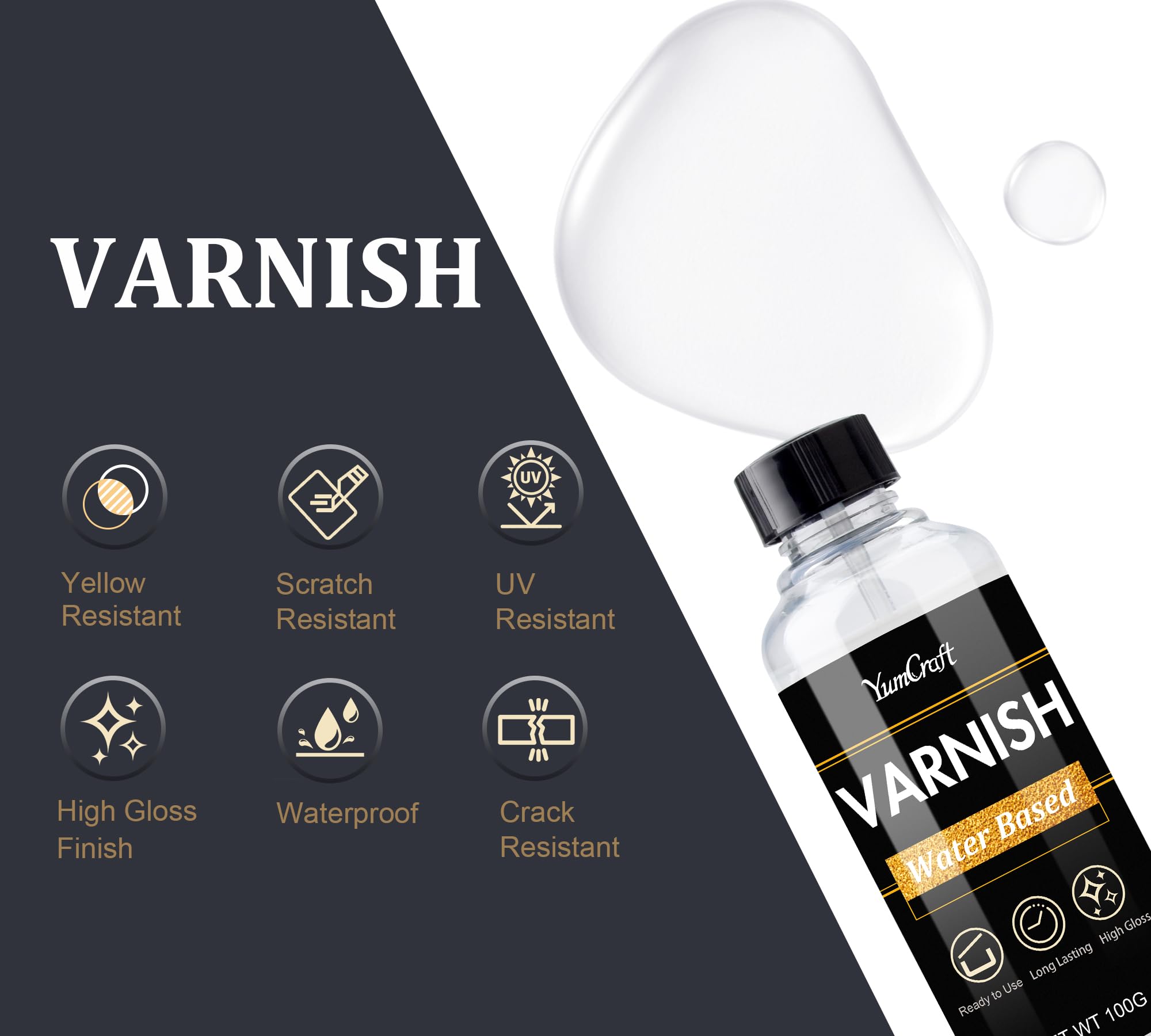 Liquid Gold Leaf Paint, Acrylic Paint Metallic Gold 100ml and Gloss Varnish 100ml, Shiny Rich Gold Liquid Gilding for Art Painting, Ideal for Craft Canvas Fabric, Non Fading, Non Toxic, Water-Based