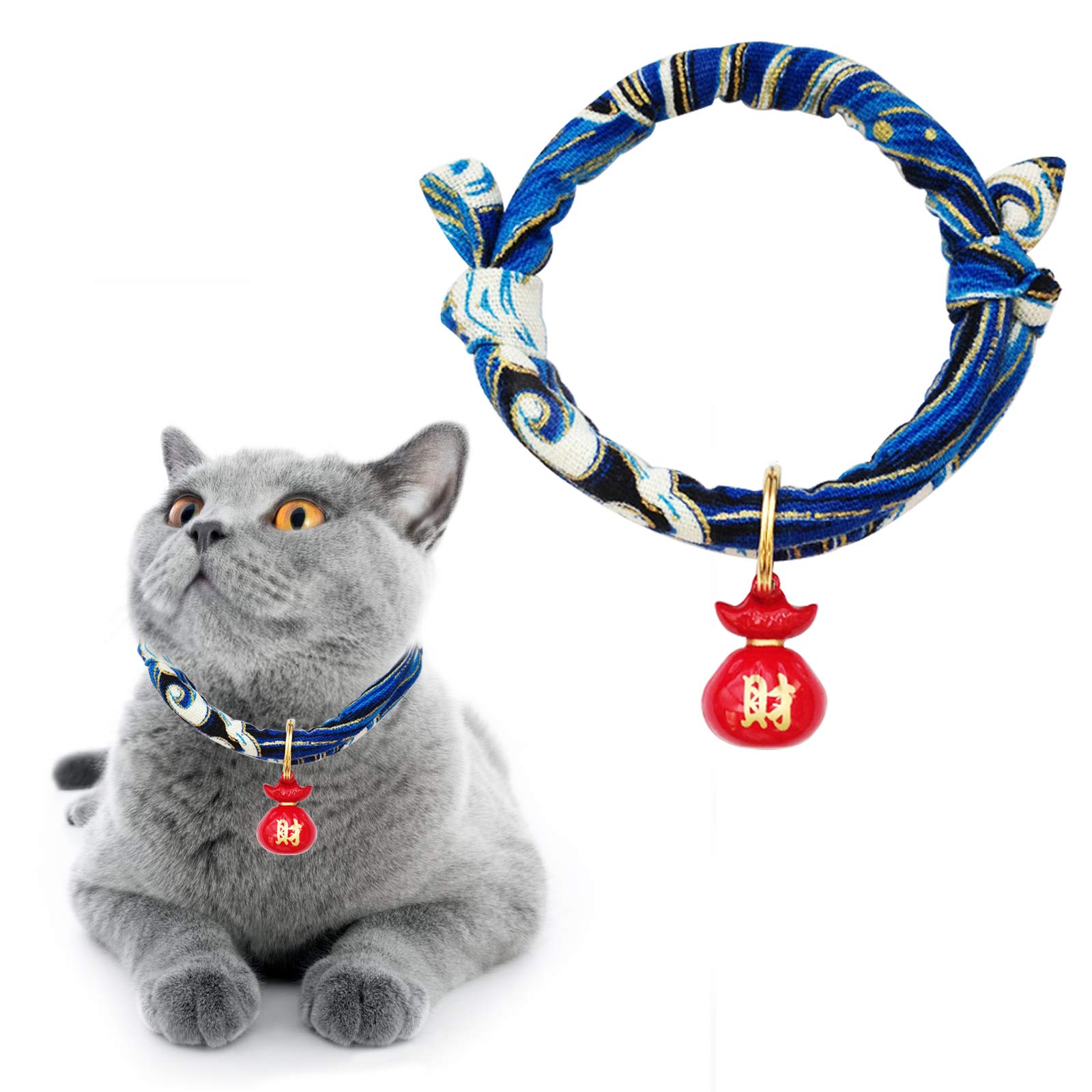 HACRAHO Cat Collar with Bell, 1 Pack Blue Japanese Style Adjustable Cat Collar with Fortune Cat Collar with Waves Print for Cats Dogs Puppy, L