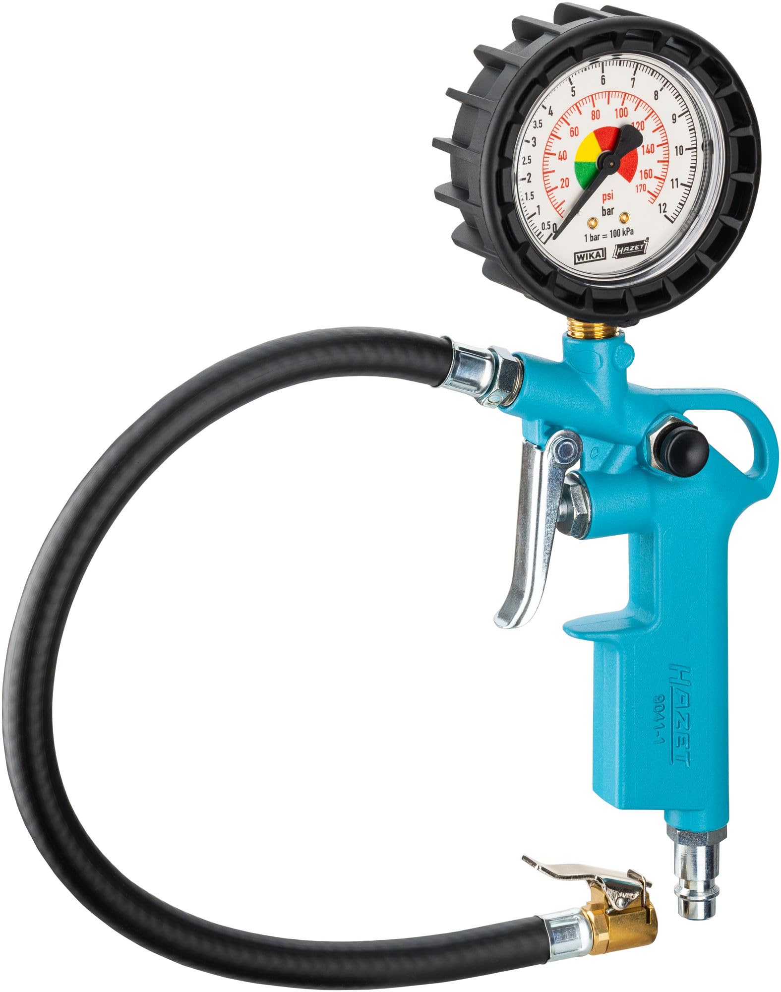 HAZET tire pressure gauge 9041G-1 I Calibrated, readable, pressure gauge measuring range: 0-145 psi, hose length: 100cm/39.37 inches, diameter: 3.15 inches | For car, etc.