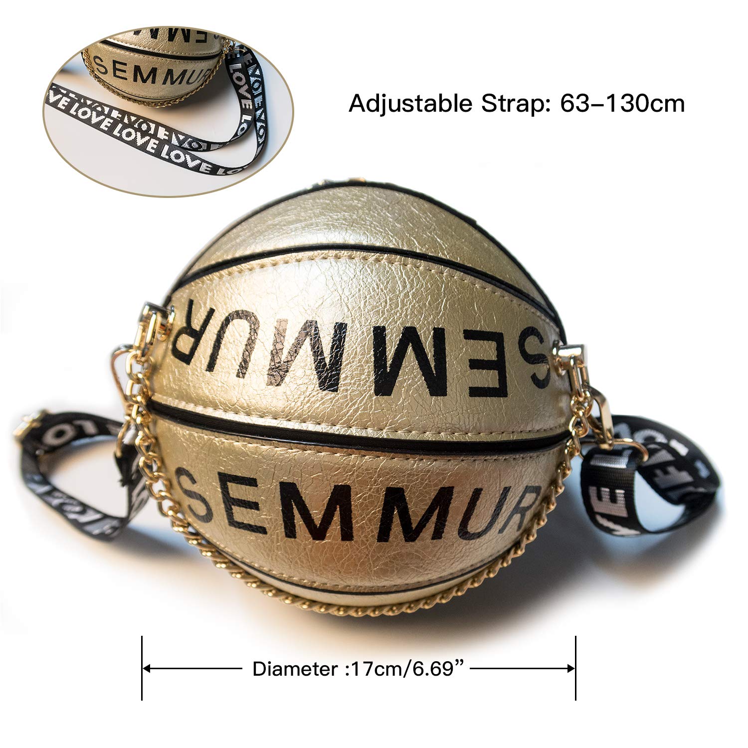 Basketball Shaped Shoulder Messenger Purse Bag Mini Tote Cross Body PU Handbag Adjustable Strap For Women Girls Men (Gold)