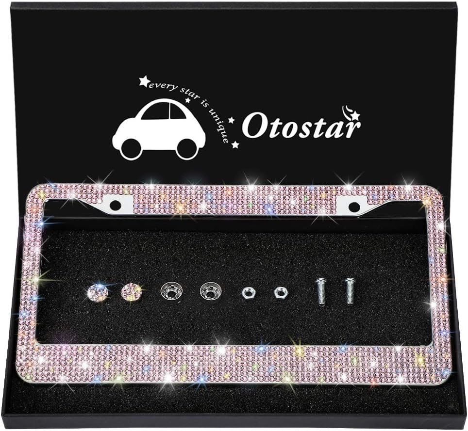 Carfond 7 Row Handcrafted Sparkling Shining Crystal Diamond Stainless Steel Metal License Plate Frame 2 Holes Bonus Matching Screws Caps (Pink crystal) by Carfond