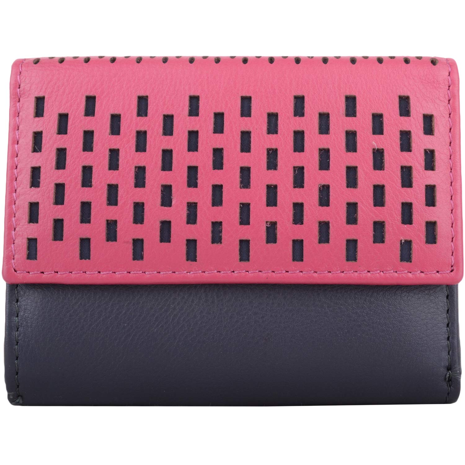 Womens Small Soft Leather Multi-Colour Tri-Fold Money/Coin Purse/Pouch - Navy/Pink
