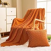 Vessia Flannel Fleece Throw Blanket(50x71inch) with Pillow Cover(18x18Inch), 3D Jacquard Burnt Orange Fuzzy Fall Blanket for Couch,Sofa,Bed,Chair, 300GSM Super Soft Cozy Throw for All-Season