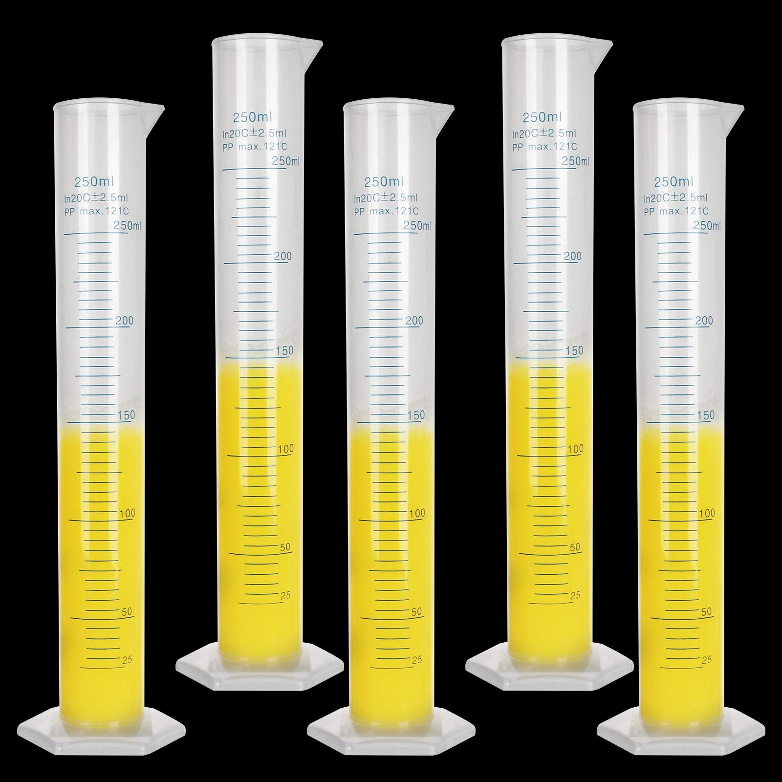 5Pack 250ml Plastic Graduated Cylinder, Transparent