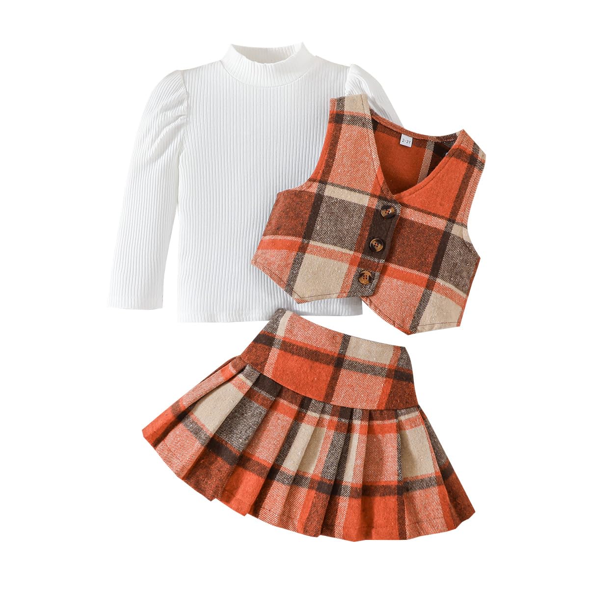 Photo 1 of ***MISSING TOP*** Guodeunh Toddler Girls Fall Outfits Button Down Vest Plaid Skirt Set Winter Holiday Clothes 2-8Y (Orange, 6 Years)