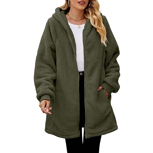 Ladies Long Fleece Jackets Full Zip with Hooded, Warm Teddy Fleece Longline Hoodie with Pockets, Ladies Soft Plush Long Coat for Winter, Outdoor thermal Jackets for Women UK, Cosy Zip Up Teddy Hoodie