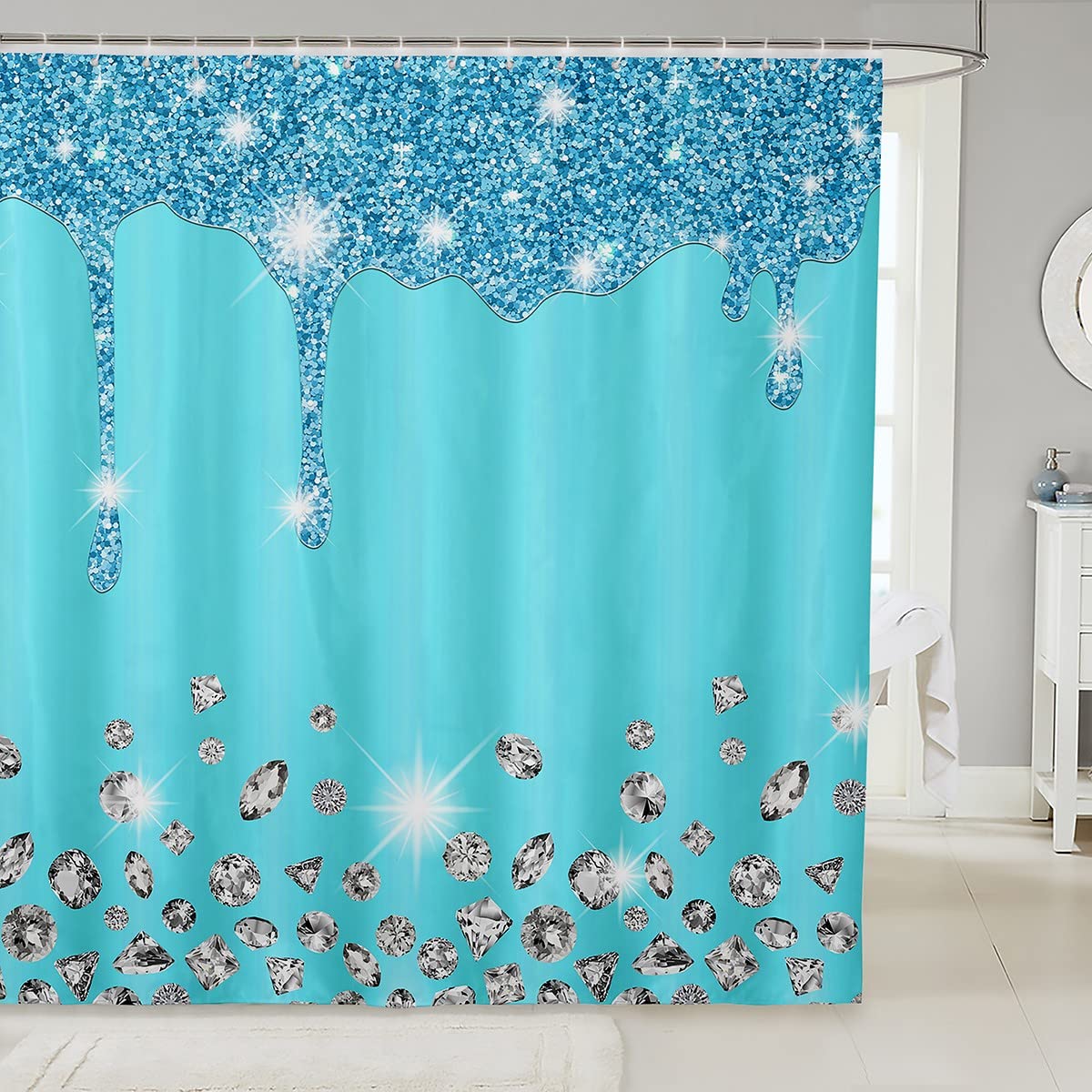 Loussiesd Silver Glitter Shower Curtain (No Glitter) Bling Partyations Lake Blue Bathroom Fabric for Diamond and Jewelry Bath Curtain Waterproof Curtains Stalls Bathtubs 72x78 Inch — image 1