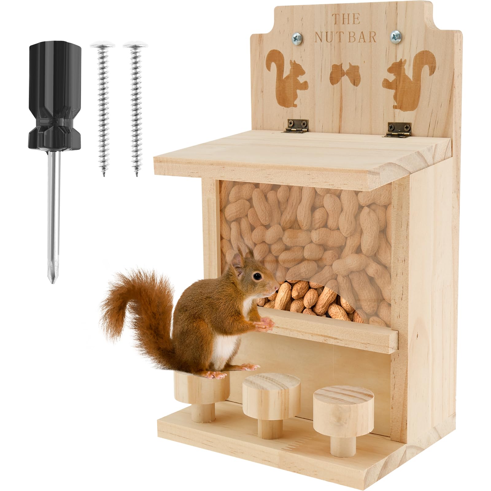 Wooden Squirrel Feeder, Large Capacity Squirrel Feeders for Outside, Cute Chipmunk Feeding House, Decorative Wildlife Feeding Station for Garden Yard