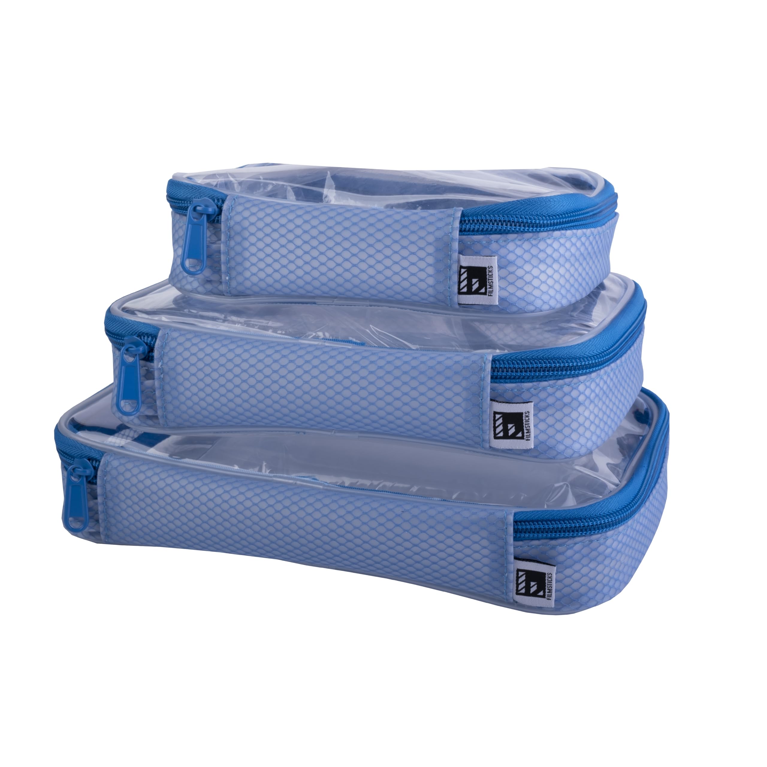 Filmsticks Set of 3 Transparent TPU Storage Cases, Blue, Small Medium Large, 170 x 50 x 135 mm to 250 x 50 x 160 mm, Clear Zip Organisers for Camera Gear, Cables, Tools and Accessories
