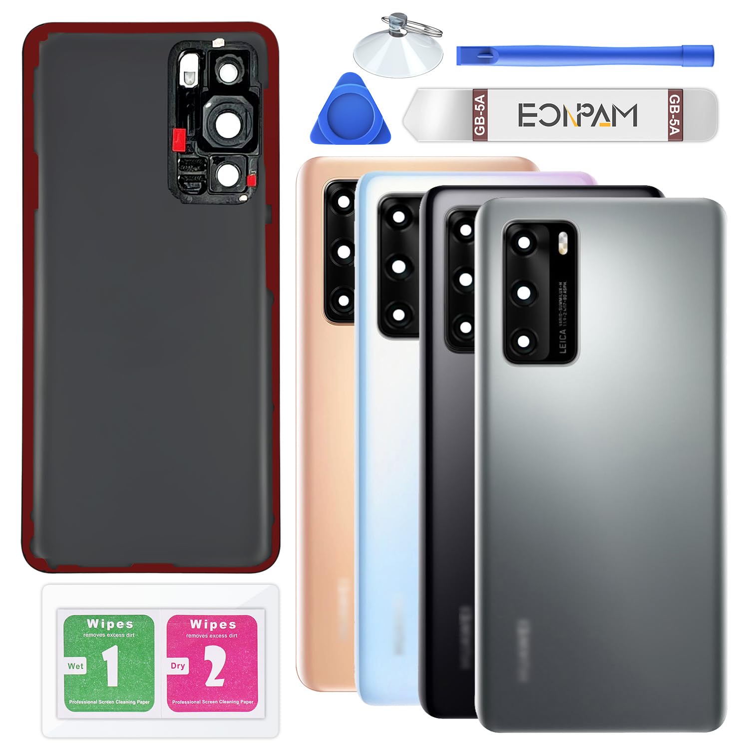 Eonpam Back Cover Glass for Huawei P40 Rear Glass Replacement with Camera Lens + Repair Kit Genuine Rear Housing（Silver）